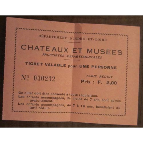 Ticket Chateaux Et Musées - Département D'indre-Et-Loire Années 1970 's