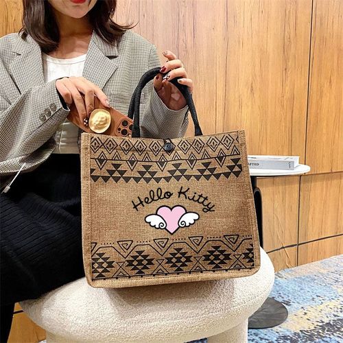 Sac à main de grande capacité pour femmes, sac de shopping à bandoulière, sac de plage d'été, fourre-tout en coton et lin, Anime Hello Kitty SHB18964