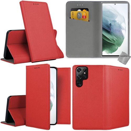 Housse Etui Coque Pochette Portefeuille Pour Samsung Galaxy S22 Ultra 5g + Verre Trempe - Rouge Magnet
