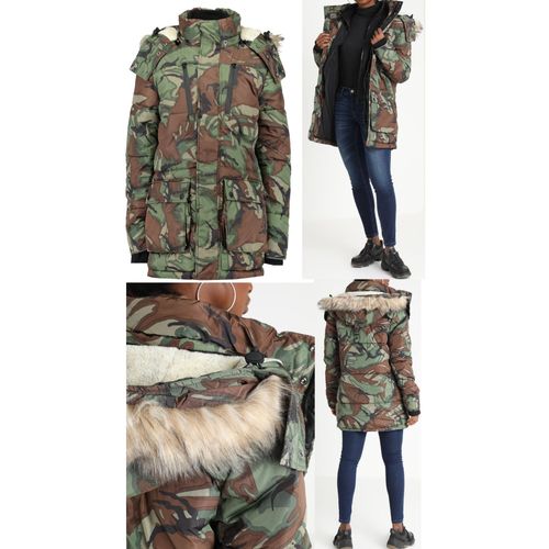 Superdry - Parka Manteau Doudoune Hiver À Capuche Fausse Fourrure Camo Army Vert Kaki Beige Marron Noir Taille L 100% Neuve