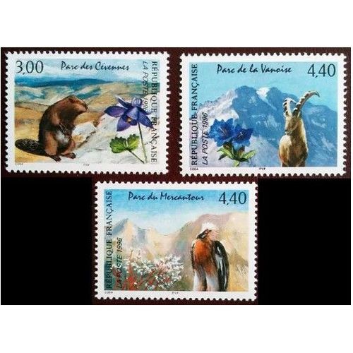 France 1996, Très Belle Série Neuve** Luxe Yvert 2997, 2998, 2999, "Animaux Et Parcs Nationaux", Les Cévennes, La Vannoise, Le Mercantour.