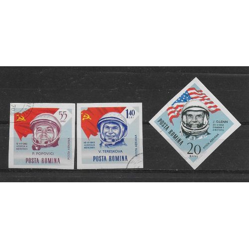 Roumanie 1964 : Conquête De L'espace : Cosmonautes : Popovitch Et Terechkova Et Drapeau Russe / Glenn Et Drapeau Américain - Série De 3 Timbres Oblitérés Non-Dentelés