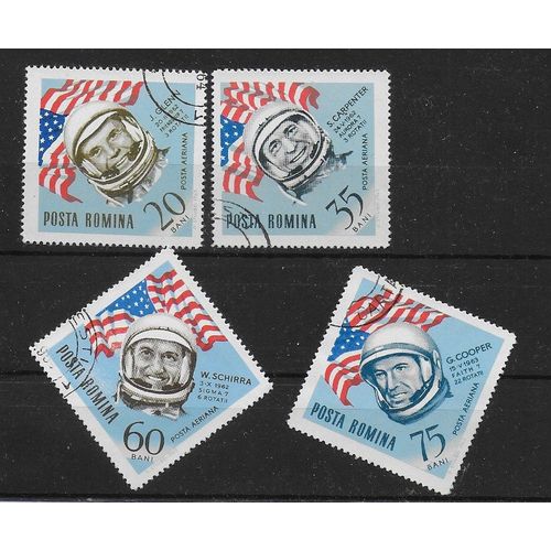 Roumanie Poste Aerienne 1964 : Conquête De L'espace : Cosmonautes Américains : Glenn / Carpenter / Schirra / Cooper - Série De 4 Timbres Oblitérés