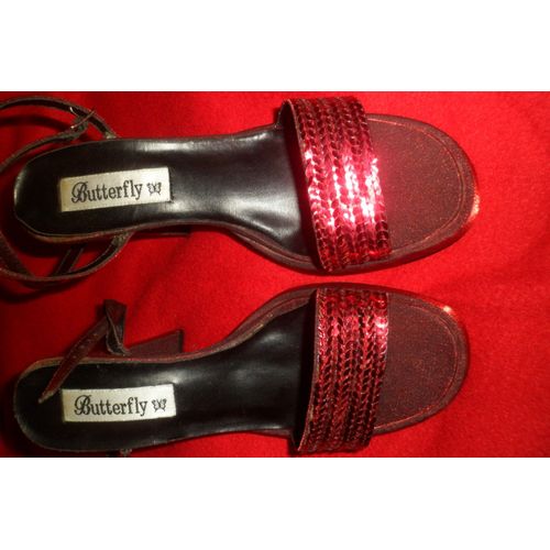 Chaussures De Soirée Rouges, Paillettes. T. 38. Talon Large 10 Cm
