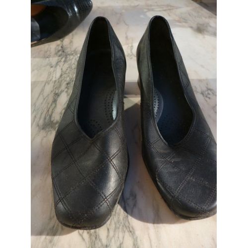 Escarpins Sans Marque 41 Noirs En Cuir Dessin Quadrillage Talon Carré De 5 Cm.