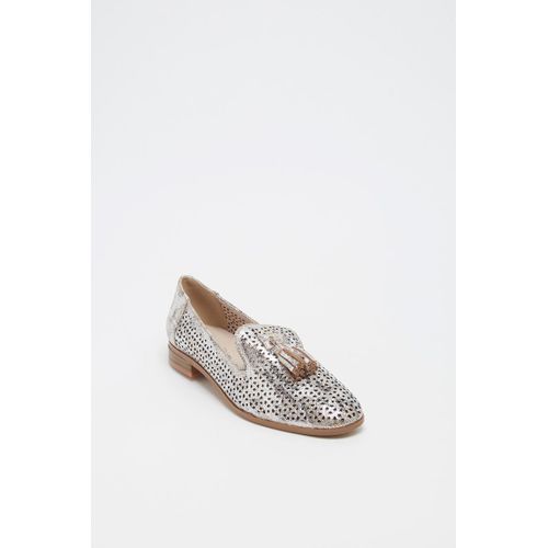 Métamorf'ose  Mocassin Loafer Slipper Plat Ajouré En Cuir À Pompons Animal Beige & Argent Silver T38 Large