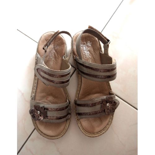 Sandales Rieker 36 Beige Et Marron Nu-Pieds Semelles Compensées Chaussures Femme Cuir Avec Scratchs