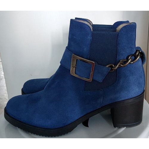 Sara Navarro  Boots Bottines En Cuir Suédé Bleu Foncé Boucle Et Chaîne Argentée - 38