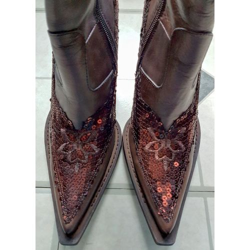 Pompili Bottes Western Cuir Et Paillettes Chocolat T38