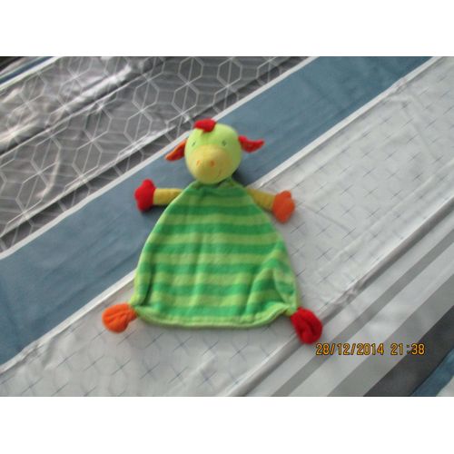 Doudou Plat Rayé Vert Dragon/Poule/Coq Vache Babysun