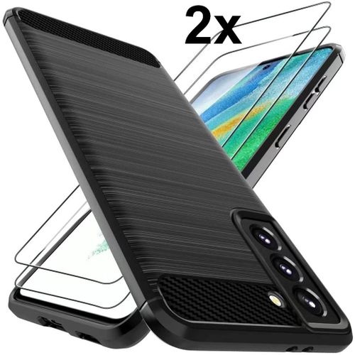 Coque Galaxy S21 Fe Coque Silicone Gel Ultraslim - Noir Effet Carbone + 2 Films Verre Trempé