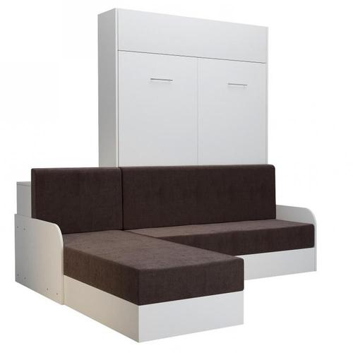 Lit Escamotable Dynamo Sofa Canapé Angle Méridienne Réversible Accoudoirs Blanc Tissu Marron140*200 Cm