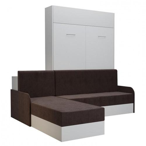 Lit Escamotable Dynamo Sofa Canapé Angle Méridienne Réversible Blanc Accoudoirs Tissu Marron 140*200 Cm