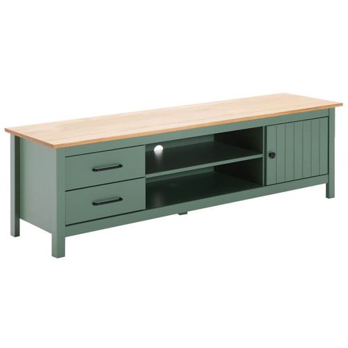 Tina - Meuble Tv 1 Porte 2 Tiroirs Bois Ciré Et Vert