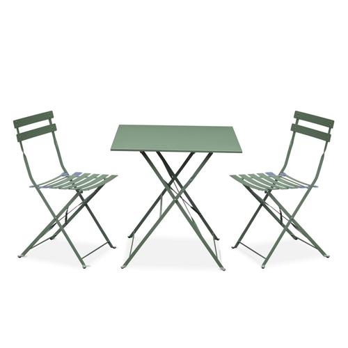 Salon De Jardin Bistrot Pliable - Emilia Carré Vert De Gris - Table 70x70 Cm Avec Deux Chaises
