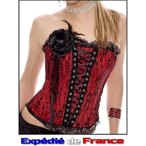 Bustier Corset Top Steampunk Sensuel Burlesque - Rouge Et Noir - M / L / Xl / Xxl - Dos Lacé + Fleur Dentelle & Plume - Robe Sensuel S.E.X.Y.