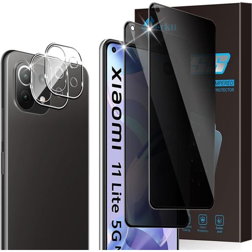 Verre Trempé Anti-Espion Pour Xiaomi Mi 11 Lite 5g/4g/Ne, 2pcs Film Protection Écran De Confidentialité Et 2pcs Caméra Arrière Protecteur, [9h Dureté][Anti-Spy] Anti-Rayures Privacy Film