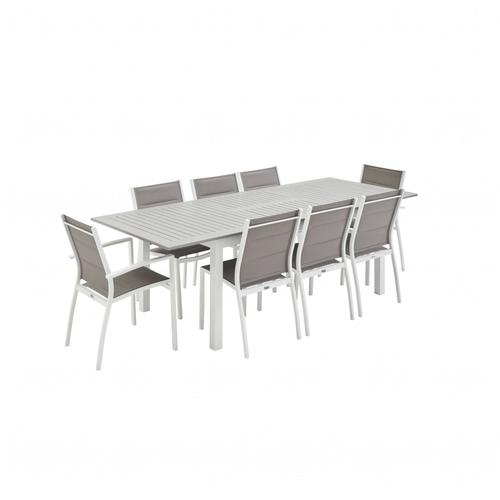 Salon De Jardin - Chicago Blanc / Taupe - Table Extensible 175/245cm Avec Rallonge Et 8 Assises En