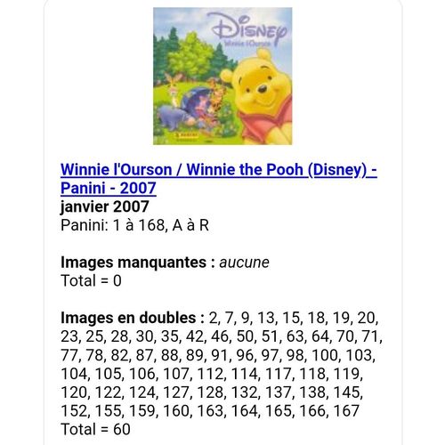 Winnie L'ourson / Winnie The Pooh (Disney) - Panini 2007 - Liste Des Images Pour Un Lot