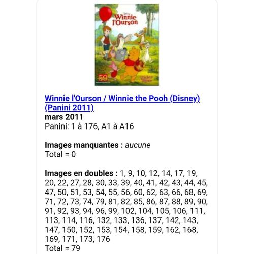 Winnie L'ourson / Winnie The Pooh (Disney) - Panini 2011 - Liste Des Images Pour Un Lot