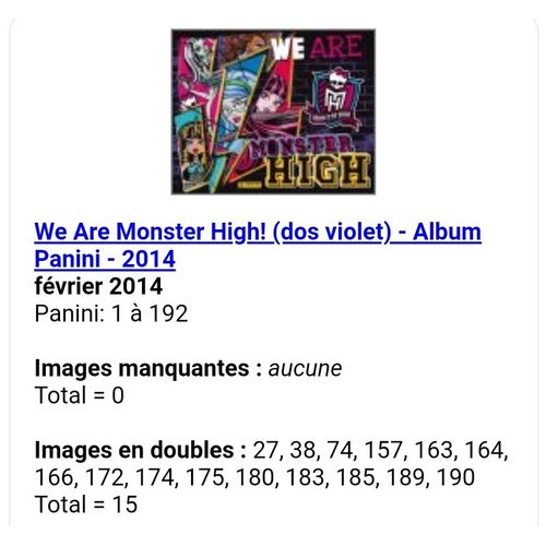 We Are Monster High! (Dos Violet) - Album Panini - 2014 - Liste Des Images Pour Un Lot