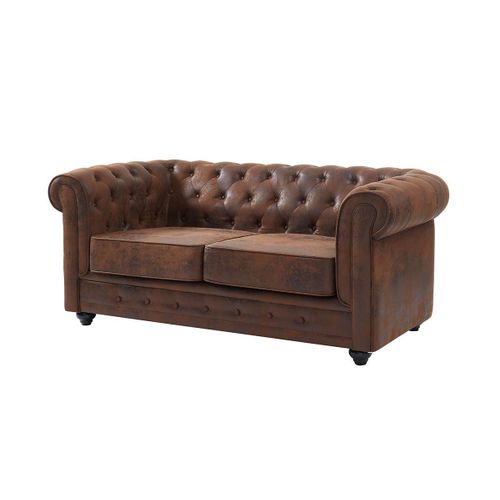 Canapé 2 Places Chesterfield En Microfibre Aspect Cuir Vieilli