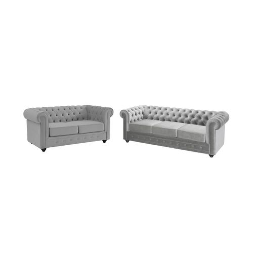 Canapé 3+2 Places Chesterfield - Velours Gris Clair