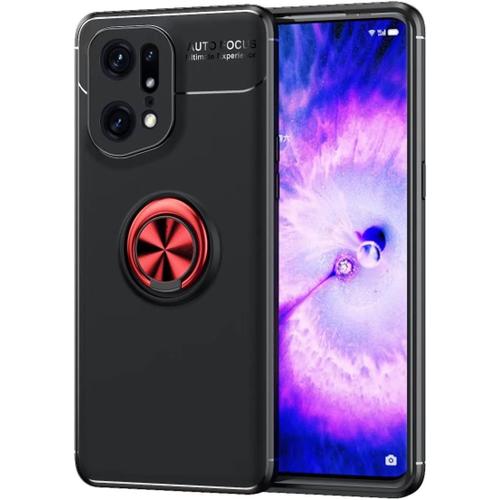 Compatible Avec Oppo Find X5 Pro Coque, 360 Degres Protection Bumper + Verre Trempé, Coque Avec Anneau Support Cover Skin Cases Housse Etui Protector-Noir Rouge