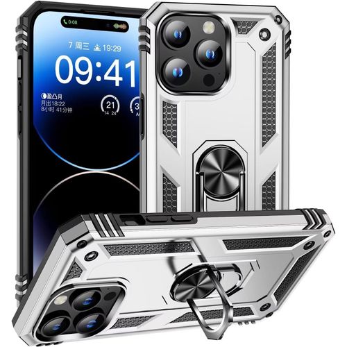 Compatible Avec Coque Iphone 15 Pro Avec Aimant Anneau Support, 360°Double Couche Renforcée Défense Bumper Antichoc Armure Housse Etui Avec Protection Écran-Argent