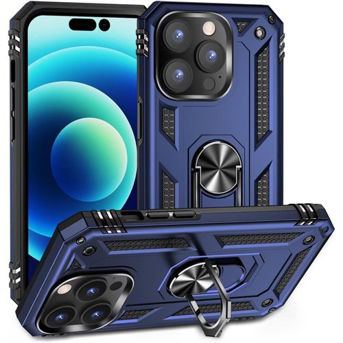 Compatible Avec Coque Iphone 14 Pro Avec Aimant Anneau Support, 360°Double Couche Renforcée Défense Bumper Antichoc Armure Housse Etui Avec Protection Écran-Bleu