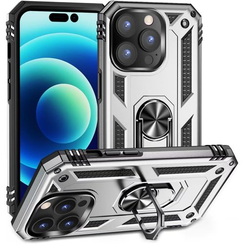 Compatible Avec Coque Iphone 14 Pro Avec Aimant Anneau Support, 360°Double Couche Renforcée Défense Bumper Antichoc Armure Housse Etui Avec Protection Écran-Argent
