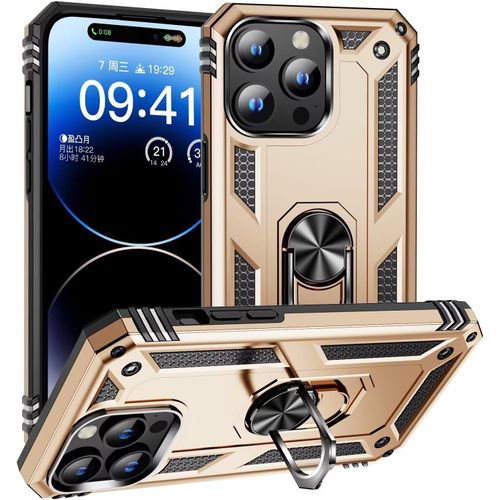Compatible Avec Coque Iphone 15 Pro Max Avec Aimant Anneau Support, 360°Double Couche Renforcée Défense Bumper Antichoc Armure Housse Etui Avec Protection Écran-Or