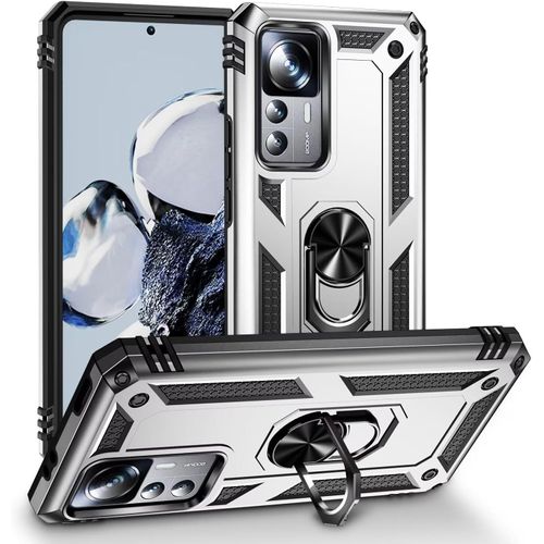 Compatible Avec Coque Xiaomi 12t Avec Aimant Anneau Support, 360°Double Couche Renforcée Défense Bumper Antichoc Armure Housse Etui Avec Protection Écran-Argent
