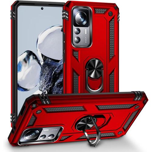 Compatible Avec Coque Xiaomi 12t Avec Aimant Anneau Support, 360°Double Couche Renforcée Défense Bumper Antichoc Armure Housse Etui Avec Protection Écran-Rouge