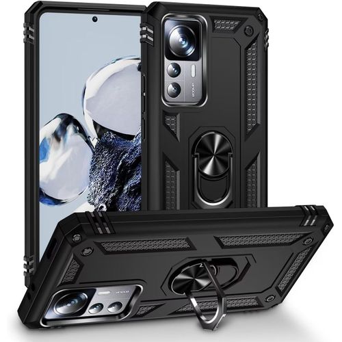 Compatible Avec Coque Xiaomi 12t Avec Aimant Anneau Support, 360°Double Couche Renforcée Défense Bumper Antichoc Armure Housse Etui Avec Protection Écran-Noir