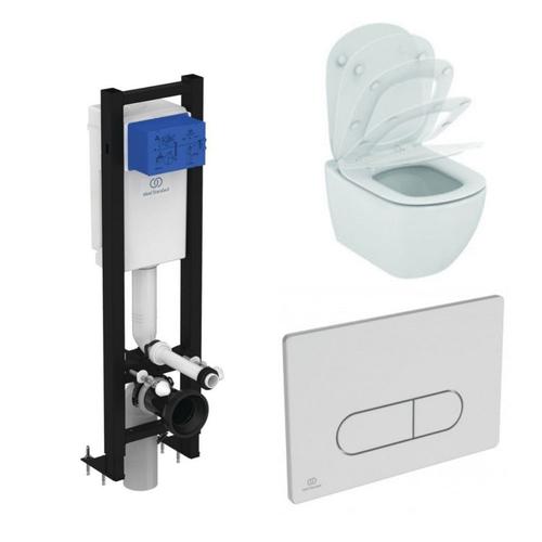 WC suspendu Ideal Standard Tesi Aquablade + abattant + Bâti-support autoportant gain de place Porcher éco certifié NF + Plaque de commande carrée Ideal Standard Oleas , double flux, mécanique Blanche