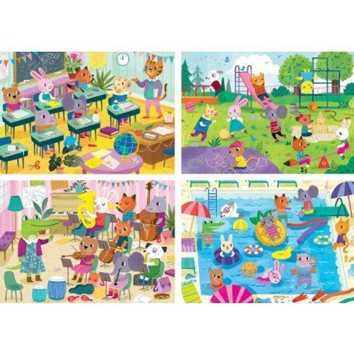 4 Puzzles Progressifs : 20 - 40 - 60 - 80 Pieces - Les Animaux A L Ecole - A La Piscine - En Cour De Musique - Au Jardin Publics