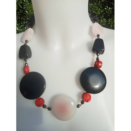 Collier Quartz Blanc Et Onyx