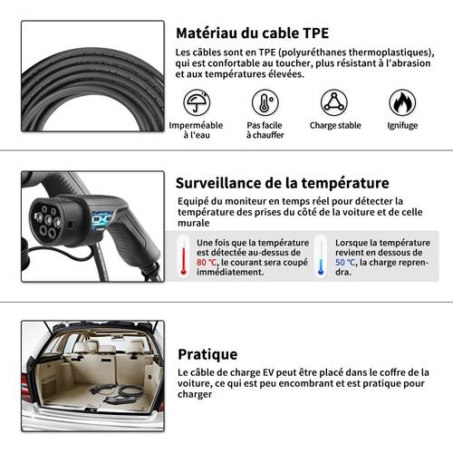 Câble recharge voiture électrique avec prise voiture type 2 / prise borne type  2 - 32A - 5 mètres - Auto Moto Marine/Câble EV de charge voiture - Eurolec