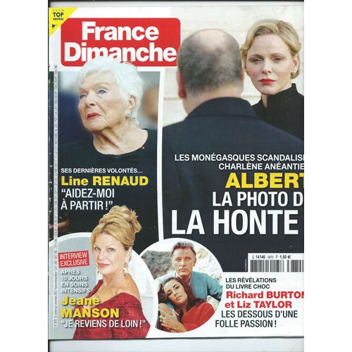 France Dimanche 30/10/2020 Albert & Charlène, Laeticia Halllyday, , Line Renaud, Nathalie Baye, Marie Laforêt & Louis Malle, Natacha Amal, Jeane Manson, Céline Dion, Valérie Lemercier, Michel Sardou
