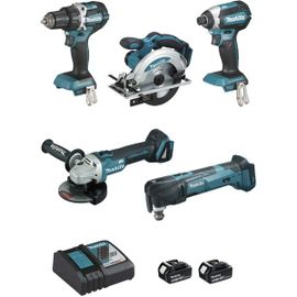 Ensemble de 5 machines MAKITA 18V Li-Ion 5.0 Ah - Scie circulaire + Visseuse + Perceuse + Meuleuse + Découpeur-ponçeur - DLX5021TX1