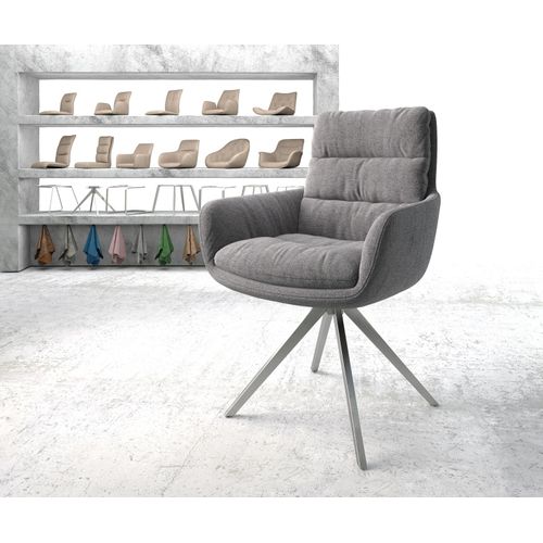 Chaise-Rembourrée-Pivotante Abelia-Flex Avec Accoudoir Cadre Croisé Carré Acier Inoxydable Tissu Texturé Gris Clair