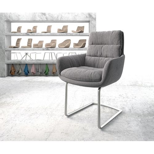 Chaise-Rembourrée Abelia-Flex Avec Accoudoir Cantilever Rond Acier Inoxydable Tissu Texturé Gris Clair