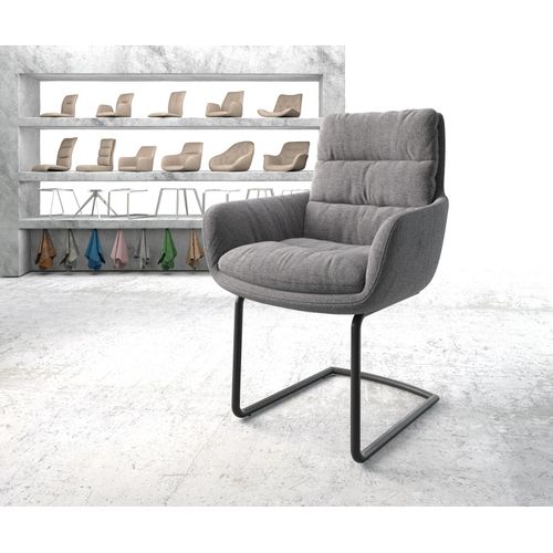 Chaise-Rembourrée Abelia-Flex Avec Accoudoir Cantilever Rond Noir Tissu Texturé Gris Clair