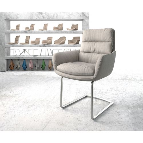Chaise-Rembourrée Abelia-Flex Avec Accoudoir Cantilever Rond Acier Inoxydable Rayures Gris Clair