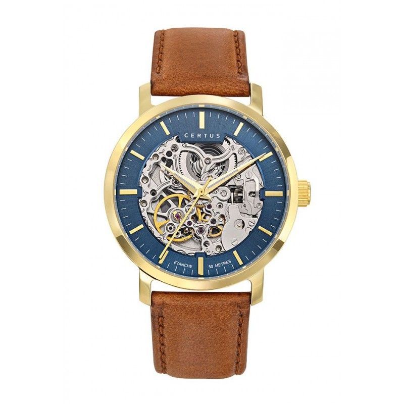 Certus Montre Homme Automatique Acier Doré Cuir Marron 611185