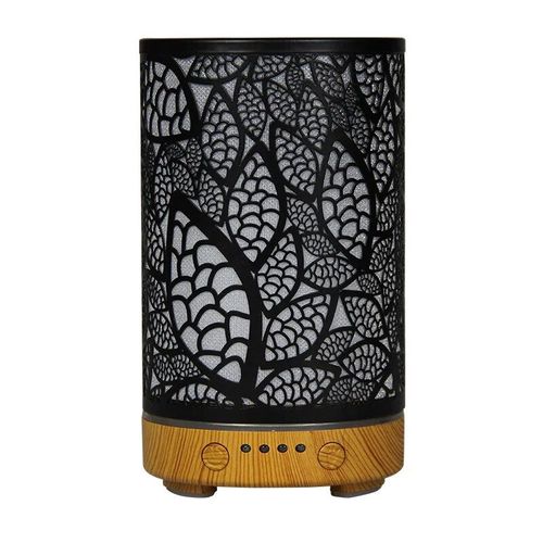 Humidificateur d'air à ultrasons avec lumière LED,diffuseur d'arômes,feuilles creuses en fer,humidificateur de bureau,appareils électroménagers intelligents,décoration - Type A-light wood grain-EU
