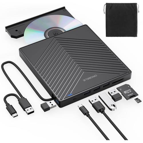 Lecteur CD DVD Externe pour PC, USB 3.0 et Type-C CD/DVD +/-RW Graveur Enregistreur, Mince Graveur DVD Externe pour PC Laptop Desktops iMac Macbook Windows 11/10/8/7/XP/Vista/Linux/Mac OS