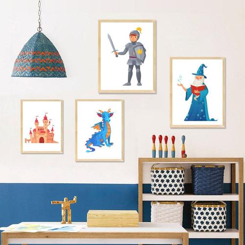 Toile d'art mural avec armure de chevalier, château de magicien, Dragon, affiches et imprimés nordiques, photos murales, décor de chambre d'enfant