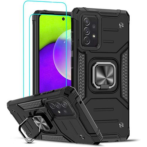 Coque Pour Samsung Galaxy A52s 5g/A52 4g&5g Avec 2 X Verre Trempé, [Béquille 360° Support Rotatif] Militaire Renforcée Intégrale Rigide Pc Et Tpu Silicone Protection Etui Housse Pour A52s Noir